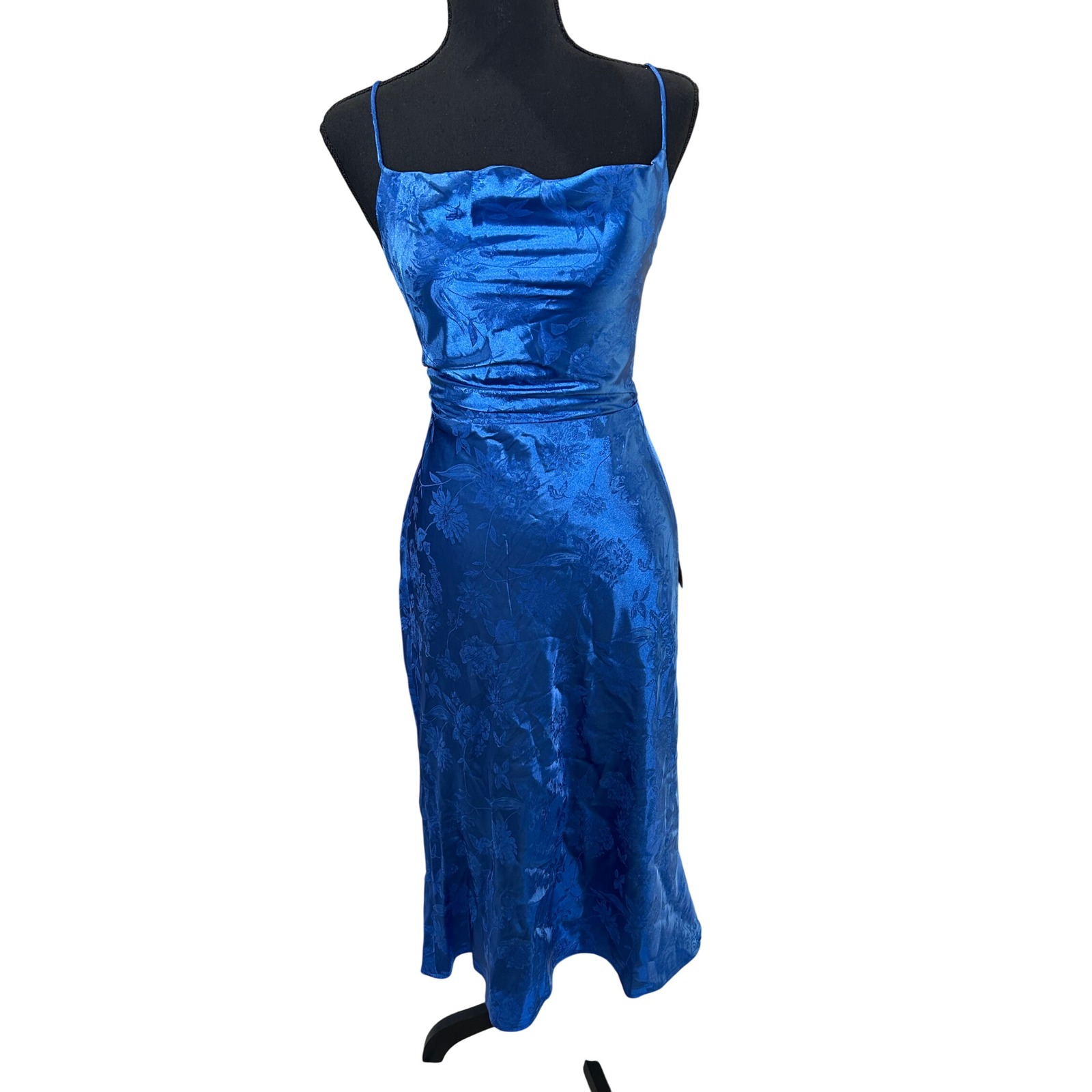 Lulus Royal Blue Floral Satin Midi Slip Dress Spaghetti Straps Back Tie Size M